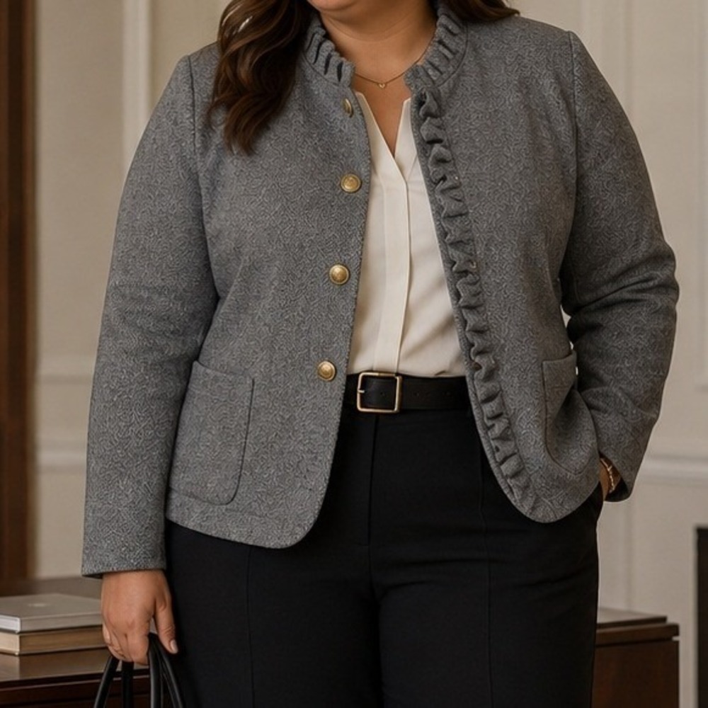 Talbots Jacket Gray Herringbone Ruffle Wool Blend Career Corporate Core Plus 18